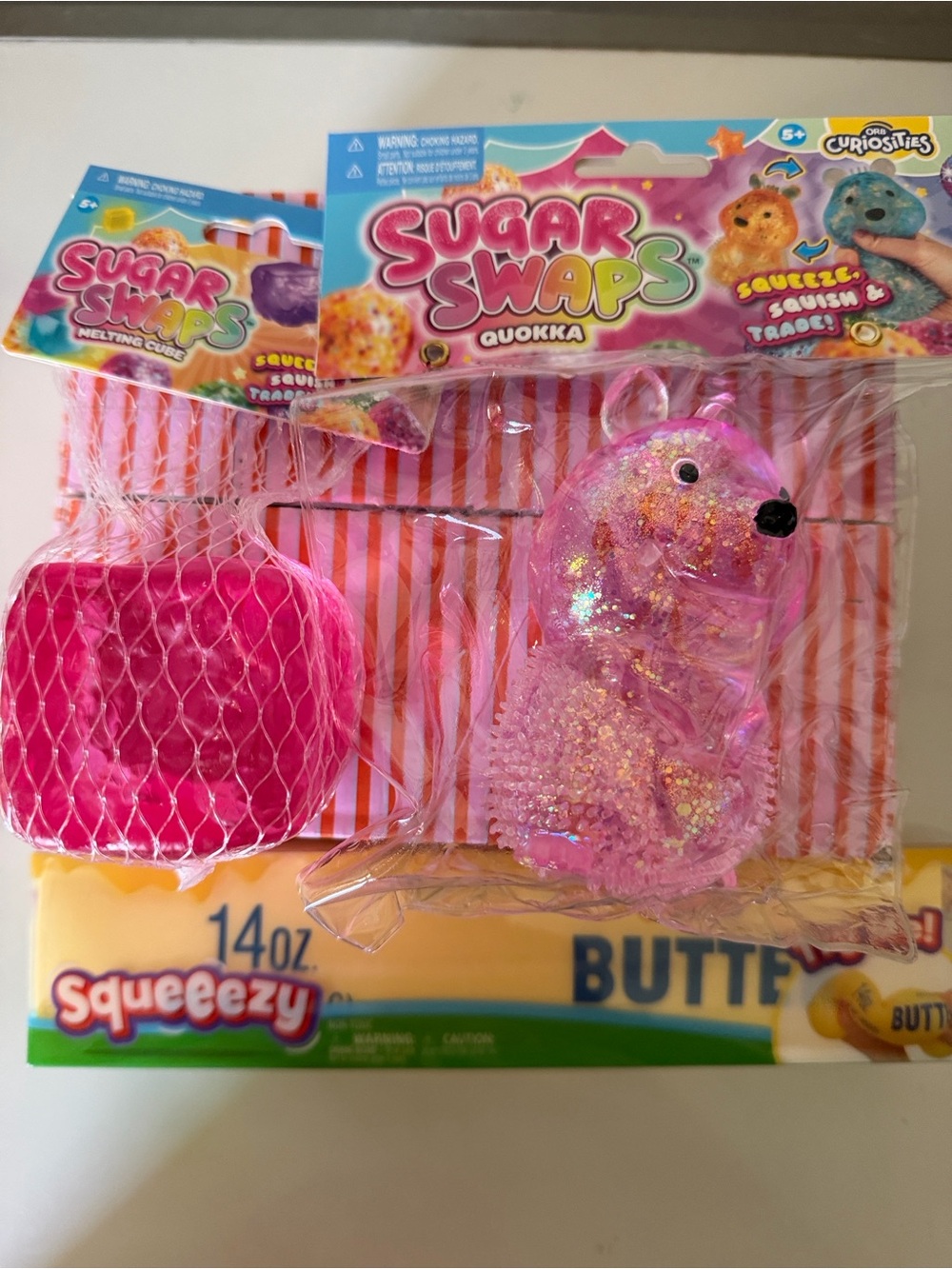 🎀🎀Sugar Swap Pink Quokka, Pink Cube Squeeze Toy & XL Squeezy butter🎀🎀